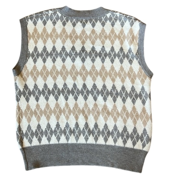Argyle Sweater Vest Preppy Oversized V-Neck Soft Cream/Gray/Tan Layering Small - Picture 4 of 10
